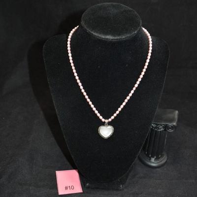 Sweet Pink Pearl Necklace w/ 925 Marcasite and Mother of Pearl Heart Pendant 16" 14.4g