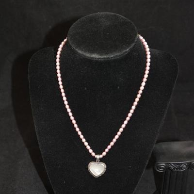 Sweet Pink Pearl Necklace w/ 925 Marcasite and Mother of Pearl Heart Pendant 16