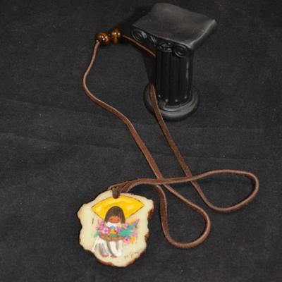 Vintage Ted De Grazia Hand Painted Pendant on Leather Cord 16