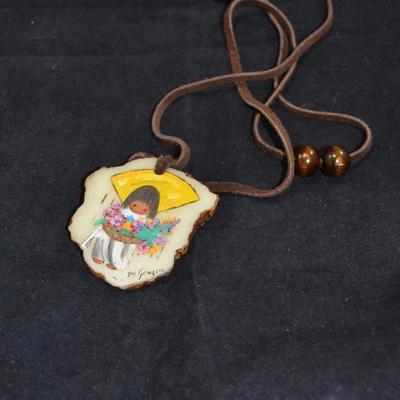 Vintage Ted De Grazia Hand Painted Pendant on Leather Cord 16