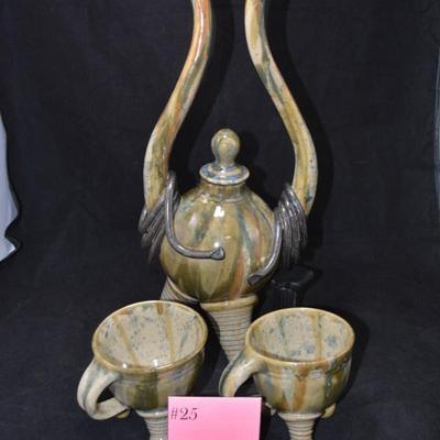 Unusual Ceramic Tea Pot with Matching Cups