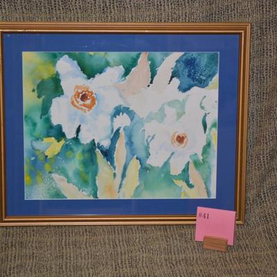 Framed & Matted Vibrant Floral Watercolor in Gold Tone Frame 21.75