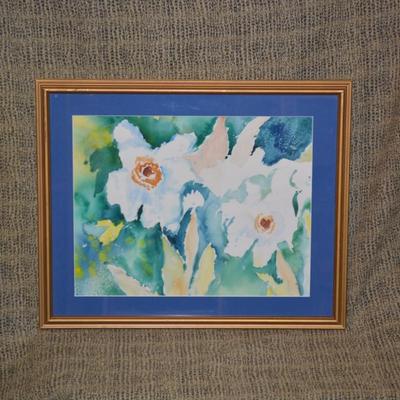 Framed & Matted Vibrant Floral Watercolor in Gold Tone Frame 21.75