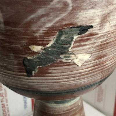 Vintage Scarce Redware Hand Painted Seagulls Pedestal Bowl w/Rattle/Bell Base 10.5