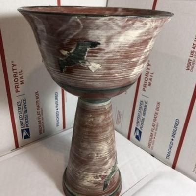 Vintage Scarce Redware Hand Painted Seagulls Pedestal Bowl w/Rattle/Bell Base 10.5