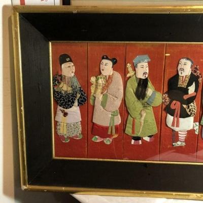 Vintage Early 20th Century Chinoiserie Asian Cloth 3-D Figures, 8-Figurines in an Old-time Frame 13.50in x 26.75in. Preowned from an Estate.