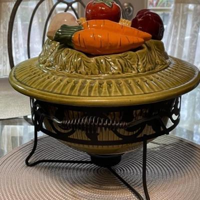 Vintage Mid-Century Large Veggie USA Casserole Covered Bowl with Metal Stand Preowned from an Estate in VG Condition as Pictured.