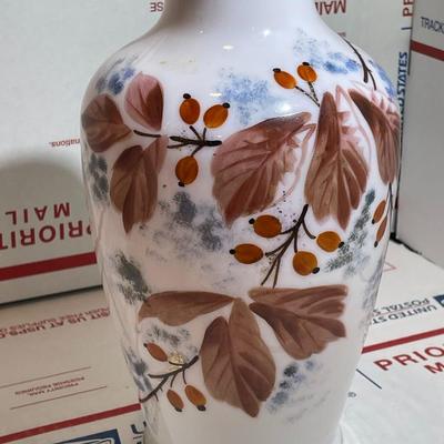 Vintage Hand-Blown Peachblow Style Milk Glass Hand Decorated Vase 8.5