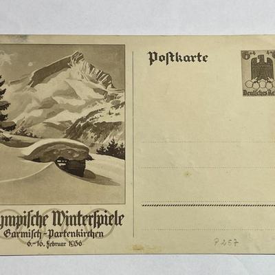 Vintage Pre-World War II Germany 1936 winter Olympics Postcard in Good Preowned Condition.