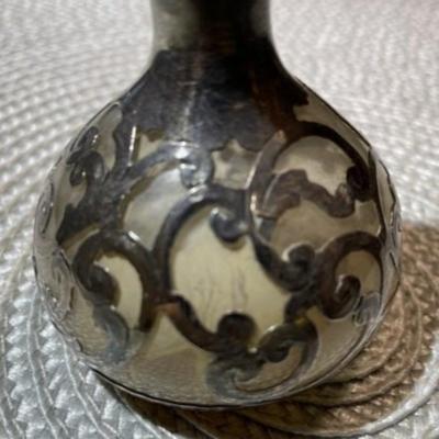 Antique Art Nouveau Perfume Bottle w/Stopper Sterling Silver Overlay on Clear Glass Monogrammed. (Stopper is Stuck On).