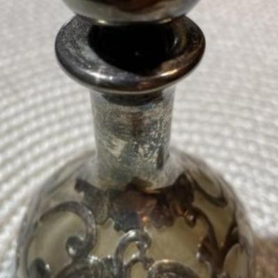 Antique Art Nouveau Perfume Bottle w/Stopper Sterling Silver Overlay on Clear Glass Monogrammed. (Stopper is Stuck On).