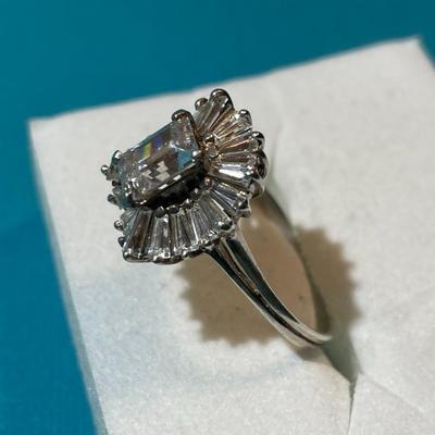 Vintage Sterling Silver Emerald Cut CZ Ballerina Ring Size Full 7-3/4 in VG Preowned Condition as Pictured.