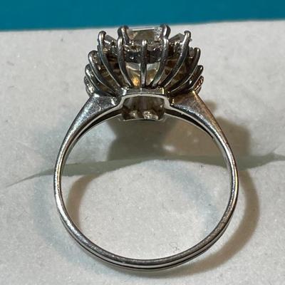 Vintage Sterling Silver Emerald Cut CZ Ballerina Ring Size Full 7-3/4 in VG Preowned Condition as Pictured.