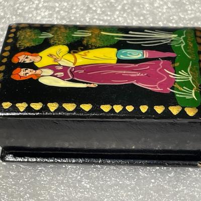 Vintage Russian Small Lacquered Trinket Box Fairy Tale Folk Art Design and Signed by the Artist as Pictured.