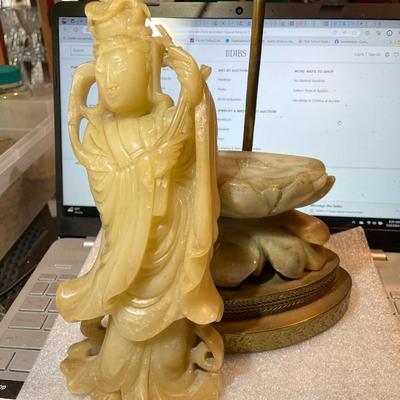 Vintage Asian Blanc De Chine Carved Soapstone Figural Lamp on a Brass Base Figure is in 2 Pieces and has 2 Anchor holes in the Back as...