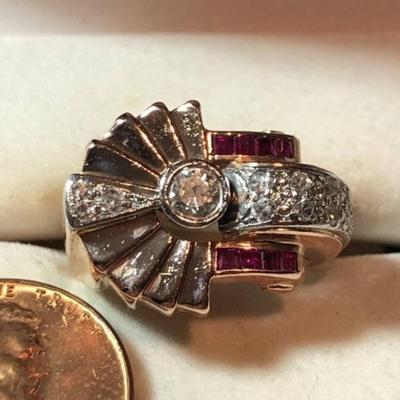 Art Deco Era Rose Color 14K Gold Ruby & Diamond Ladies Ring Size 5-3/4 Ring 8.3 Grams or 5.3 Pennyweights TW Preowned