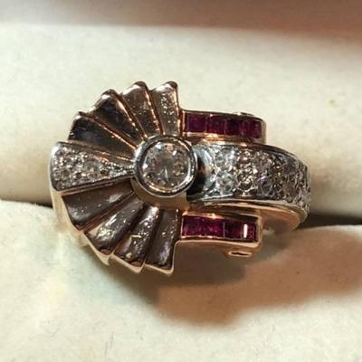Art Deco Era Rose Color 14K Gold Ruby & Diamond Ladies Ring Size 5-3/4 Ring 8.3 Grams or 5.3 Pennyweights TW Preowned