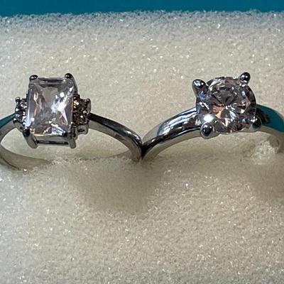 Vintage Silver-tone CZ Engagement Style Rings Size 7-1/2 & 8-1/4 in Good Preowned Condition.
