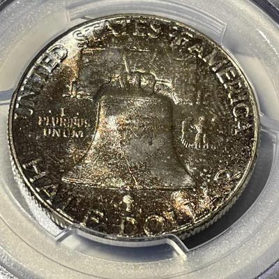 PCGS Certified 1958-P MS65 Gorgeous Mint Set Toned Franklin Silver Half Dollar as Pictured.