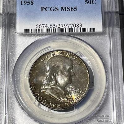 PCGS Certified 1958-P MS65 Gorgeous Mint Set Toned Franklin Silver Half Dollar as Pictured.