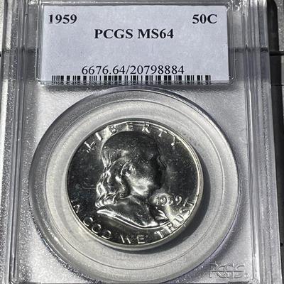 PCGS Certified 1959-P MS64 White Franklin Silver Half Dollar as Pictured.