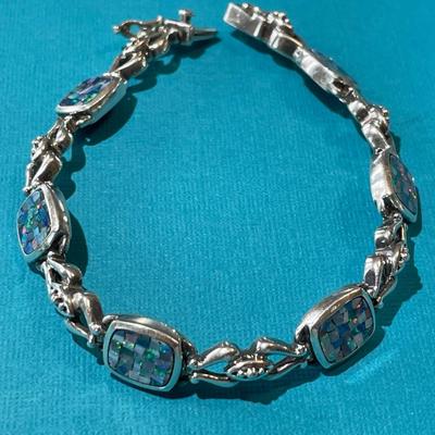 Vintage Sterling Silver Opalesque Colored Stones Fashion Tennis Bracelet 8