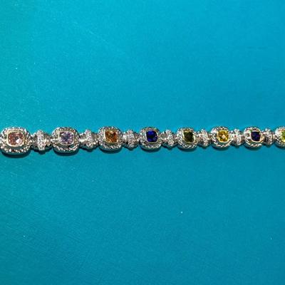 Vintage Silver-tone Multi-Colored Stones Fashion Tennis Bracelet 7.5