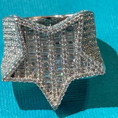 Men's or Women's Baguette MOISSANITE Iced Out Star Ring, Solid .925 Sterling Silver Passes DIAMOND TESTS in VG Preowned Condition. (Ring...