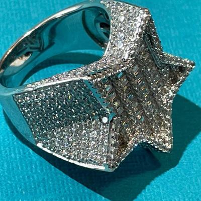 Men's or Women's Baguette MOISSANITE Iced Out Star Ring, Solid .925 Sterling Silver Passes DIAMOND TESTS in VG Preowned Condition. (Ring...