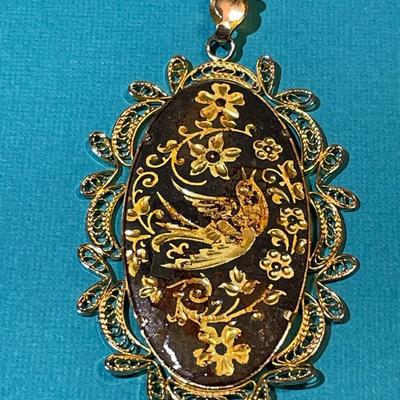 Vintage Mid-Century Etched Brass Filigree Bird Pendant in VG Preowned Condition as Pictured.