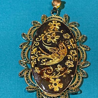 Vintage Mid-Century Etched Brass Filigree Bird Pendant in VG Preowned Condition as Pictured.