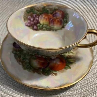 Vintage Royal Sealy China Japan â€œFRUITâ€ Three Footed Iridescent Lusterware Teacup and Saucer Set as Pic'd.