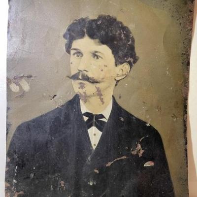 Scarce Antique Hand Colored 8x10 Tintype Photograph Man w/Waxed Mustache as Pictured. Like a Jesse James Look-a-Like...