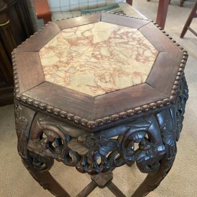 Antique Very Early Chinese Hand Carved Wooden w/Inset Marble Top Plant Stand/Pedestal 30.5" Tall.