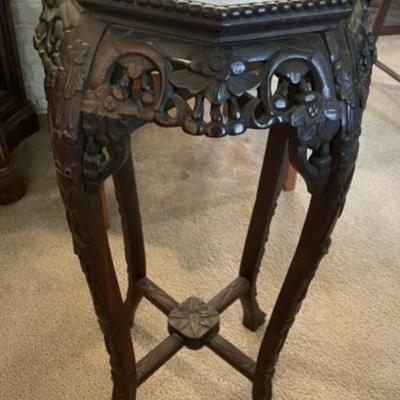 Antique Very Early Chinese Hand Carved Wooden w/Inset Marble Top Plant Stand/Pedestal 30.5" Tall.