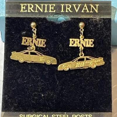 New Never Used Ernie Irvan Pierced Gold-tone Surgical Steel NASCAR Car Stud Earrings Made in USA as Pictured.