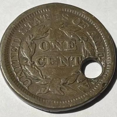 1853 (T. HOLMAN) COUNTERSTAMPED & HOLED LARGE CENT FOR PENDANT AS PICTURED.