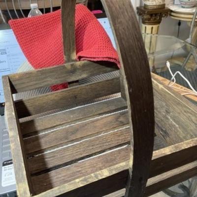 Vintage/Antique Wooden Crate Basket w/Curved Wood Handle 12" x 12" x 13" Tall in Good Preowned Condition.