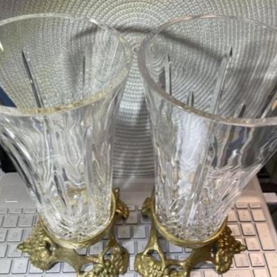 Vintage Pair of Leaded Glass Vases/Candle Holders on Solid Brass Bases 10" Tall Overall in VG Preowned Condition.