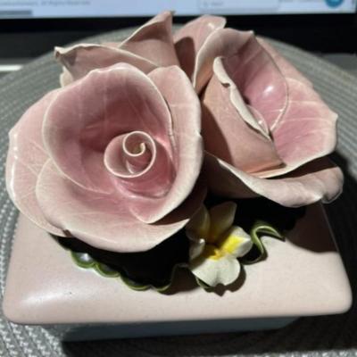 Vintage Mid-Century Capodimonte Floral Trinket Box 5" x 5" in Good Preowned Condition as Pic'd.