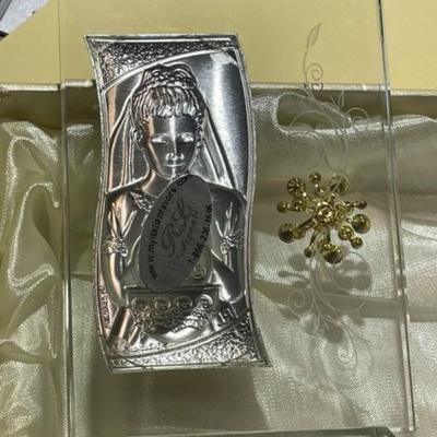 Vintage Sterling Silver/Argent First Holy Communion Girls Crystal Plaque in VG Preowned Condition. Made in Italy.