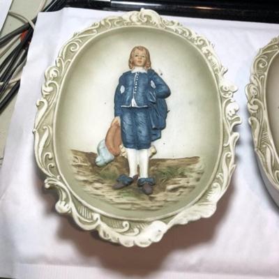 Vintage Pair of Lefton Handpainted Pinkie & Blue Boy Wall Art Porcelain Bisque Wall Plaques 6" x 8" as Pictured.