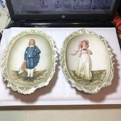Vintage Pair of Lefton Handpainted Pinkie & Blue Boy Wall Art Porcelain Bisque Wall Plaques 6" x 8" as Pictured.