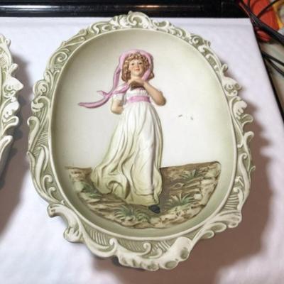 Vintage Pair of Lefton Handpainted Pinkie & Blue Boy Wall Art Porcelain Bisque Wall Plaques 6" x 8" as Pictured.