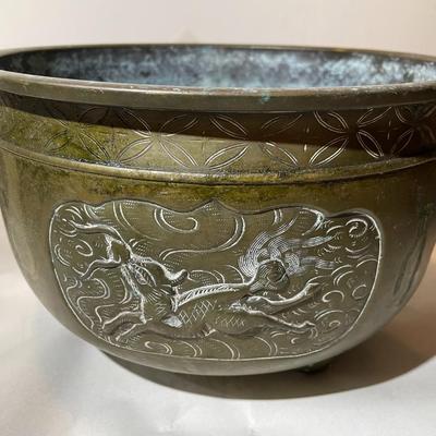 Vintage Brass/Bronze Etched and Footed Solid Planter in Fair-Good Condition as Pictured.