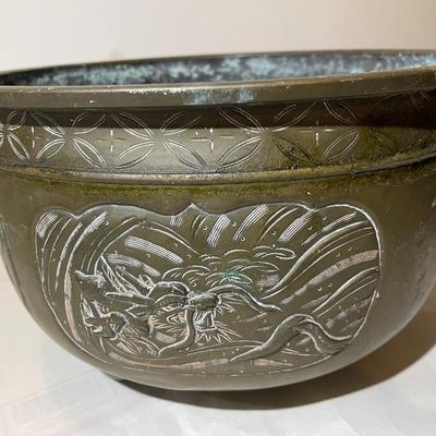 Vintage Brass/Bronze Etched and Footed Solid Planter in Fair-Good Condition as Pictured.