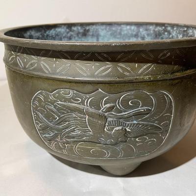 Vintage Brass/Bronze Etched and Footed Solid Planter in Fair-Good Condition as Pictured.