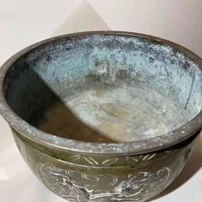 Vintage Brass/Bronze Etched and Footed Solid Planter in Fair-Good Condition as Pictured.