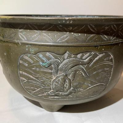Vintage Brass/Bronze Etched and Footed Solid Planter in Fair-Good Condition as Pictured.