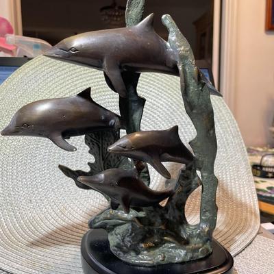 Vintage Mid-Century Bronze 4-Dolphins Figurines 10" Tall in Good Preowned Condition from an Estate. Back Side of the Base has a few...